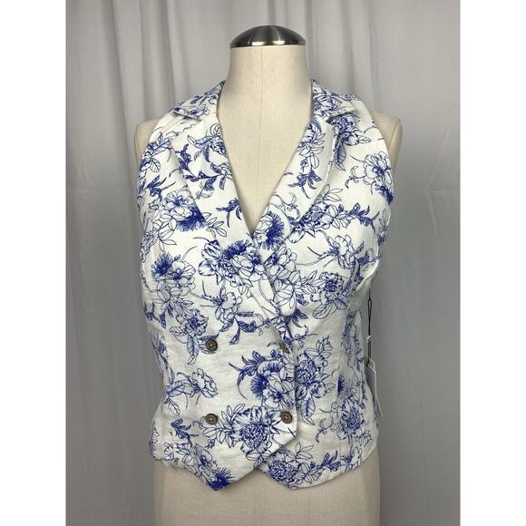 NWT Jason Wu Blue Floral Linen Blend Halter Vest Smocked Back Size 10 - Picture 1 of 11